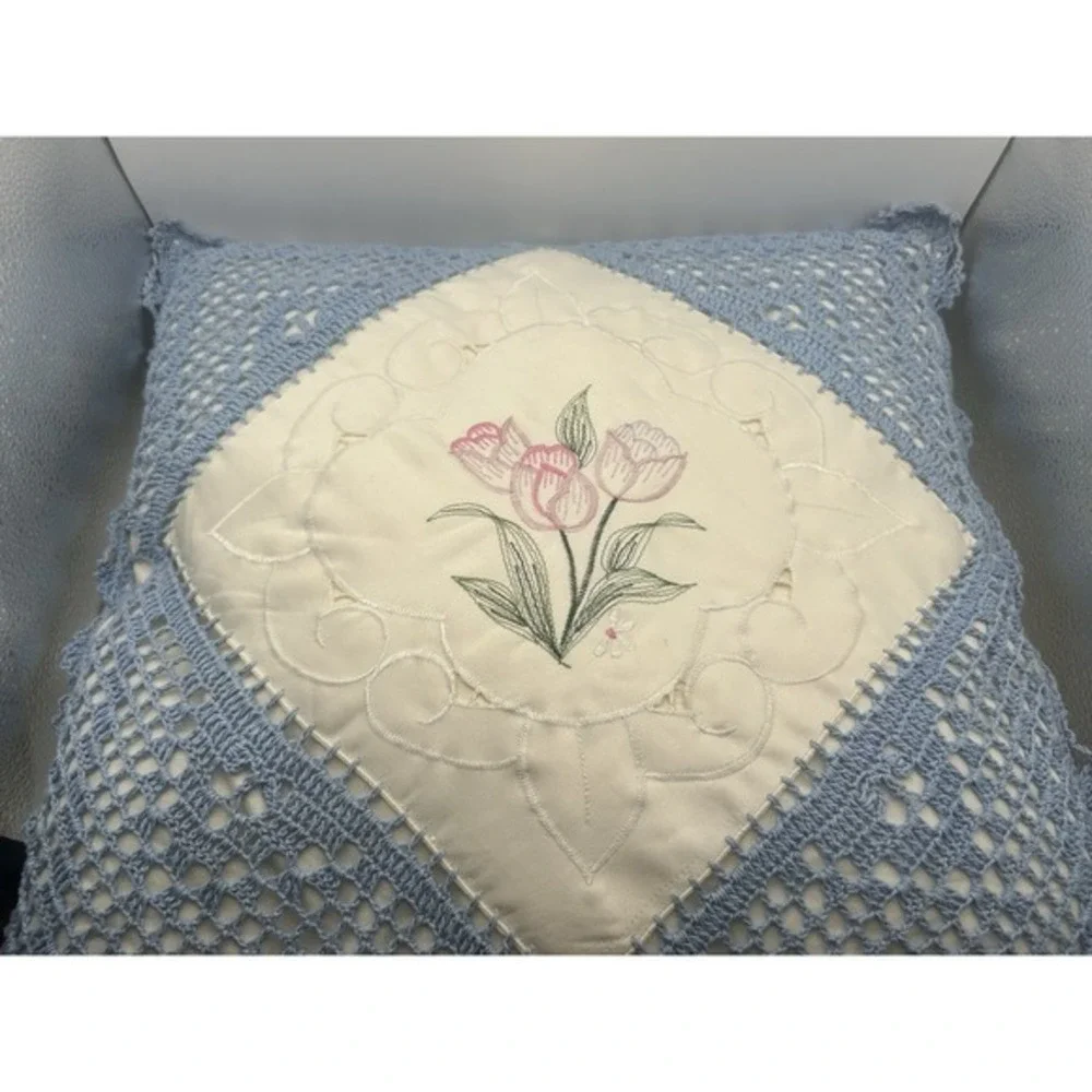 2-PC Vintage Crocheted Embroidered Handmade Pillows Flower Design Blue &‎ Yellow